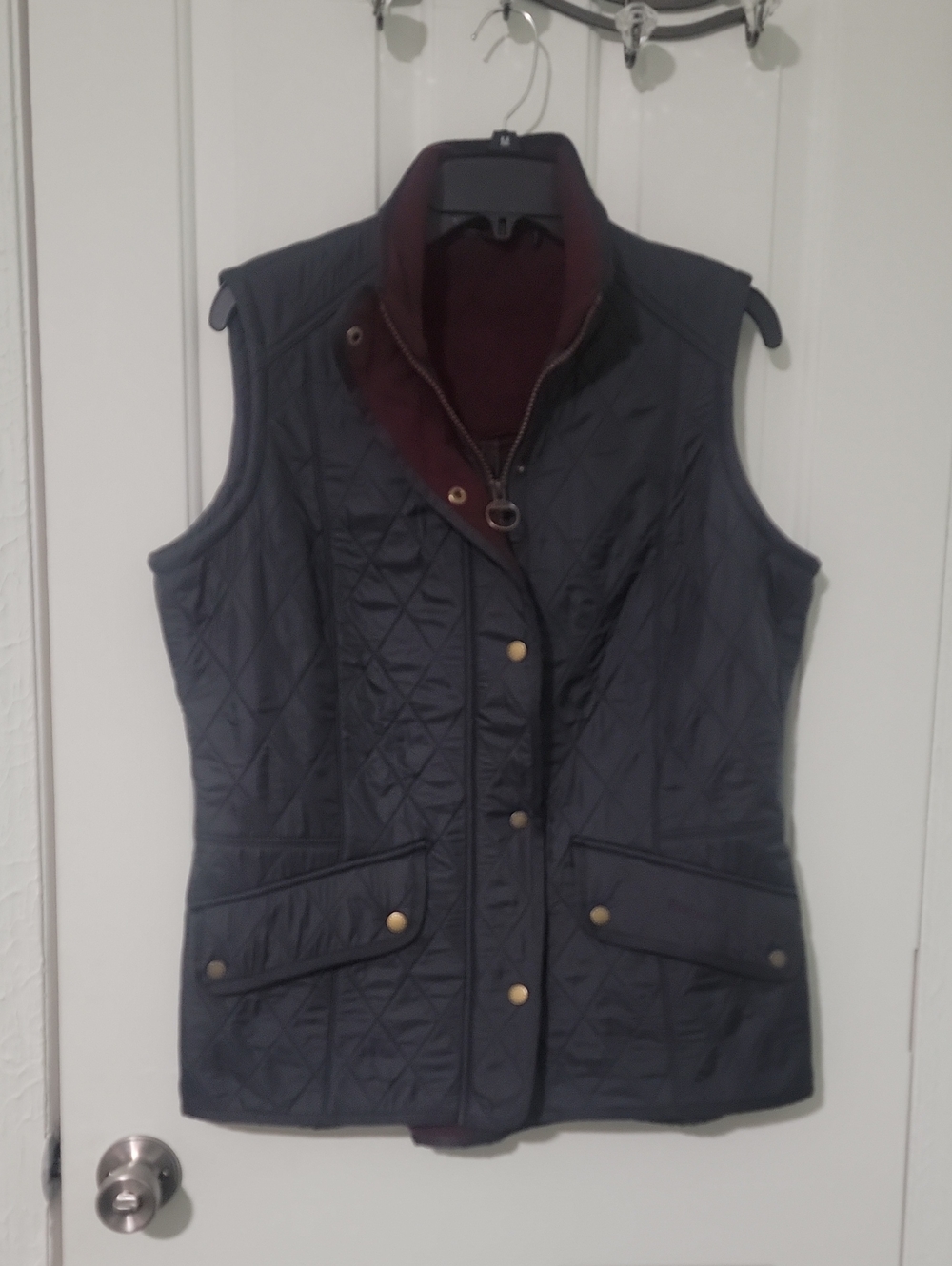 Barbour Navy Quilted Sleeveless Vest with Burgundy Flannel Lining Size 12